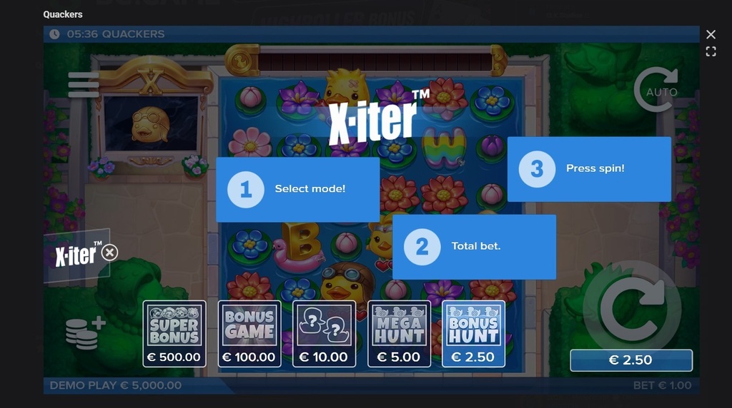 Screenshot cu funcțiile bonus ale slotului Quackers