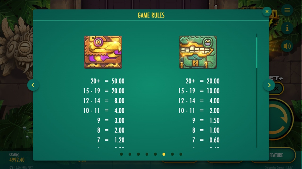Screenshot af udbetalingstabellen i Serpentico Smash