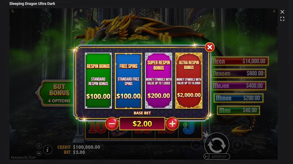 Screenshot cu funcția Bonus Buy a slotului Sleeping Dragon Ultra Dark