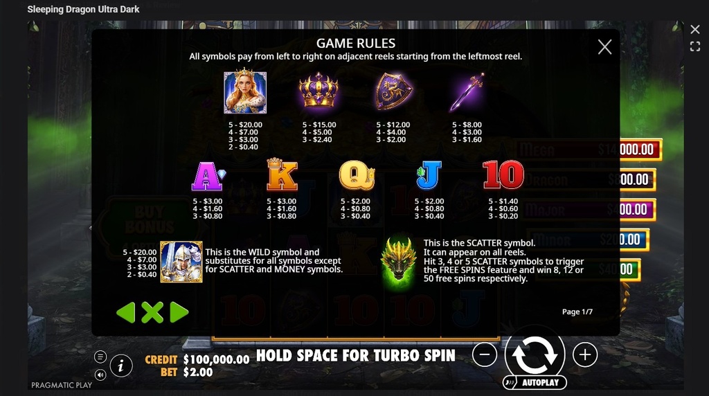 Screenshot cu tabelul de plată al slotului Sleeping Dragon Ultra Dark
