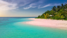 Spiaggia tropicale con mare turchese e palme