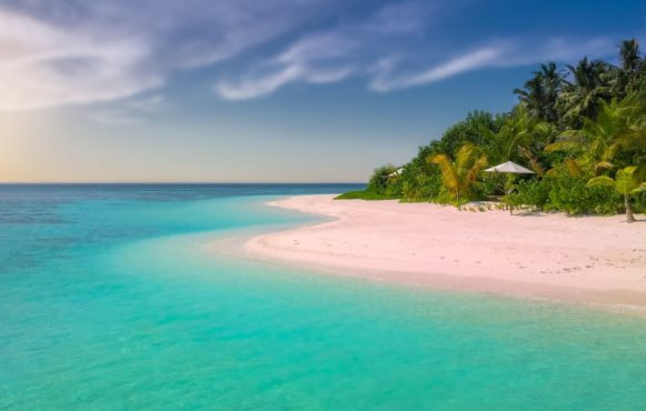 Spiaggia tropicale con mare turchese e palme