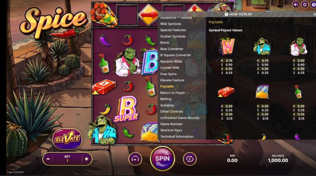 Screenshot from the Paytable of Spice