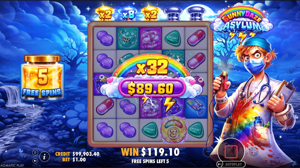 Screenshot from the Free Spins Round of Sunnydaze Asylum