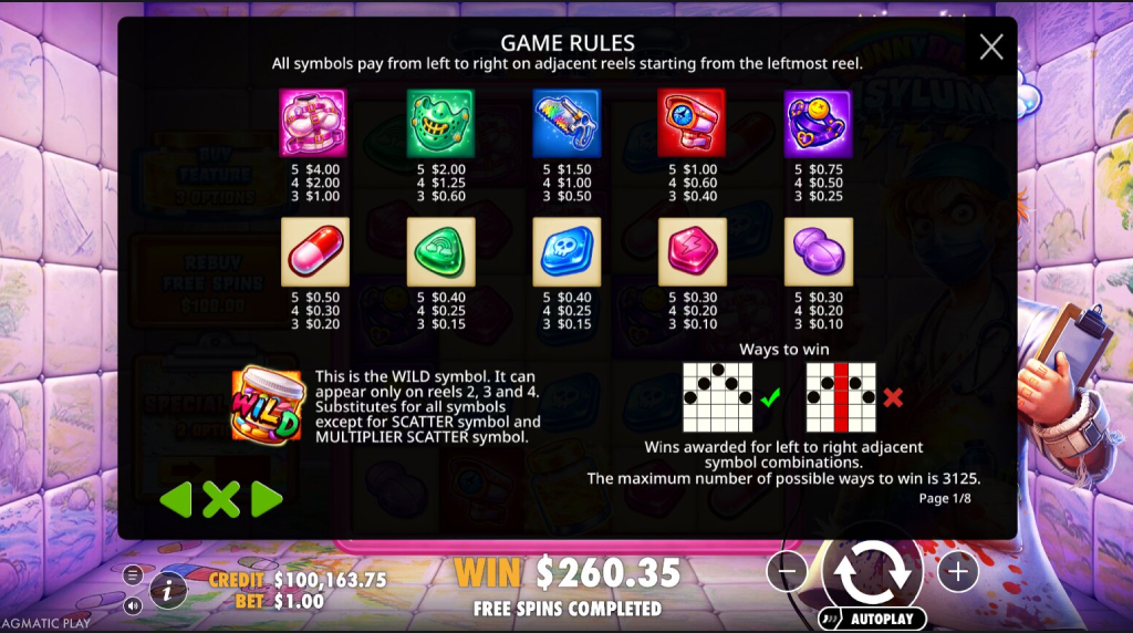 Screenshot from the Paytable of Sunnydaze Asylum