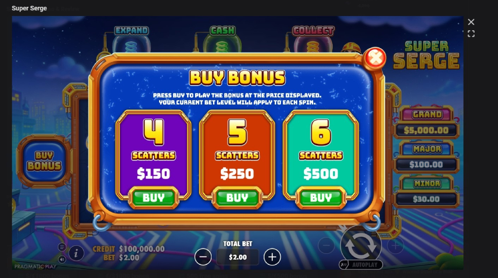 Screenshot cu funcția Bonus Buy a slotului Super Serge