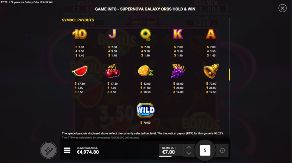 Screenshot af udbetalingstabellen i Supernova Galaxy Orbs