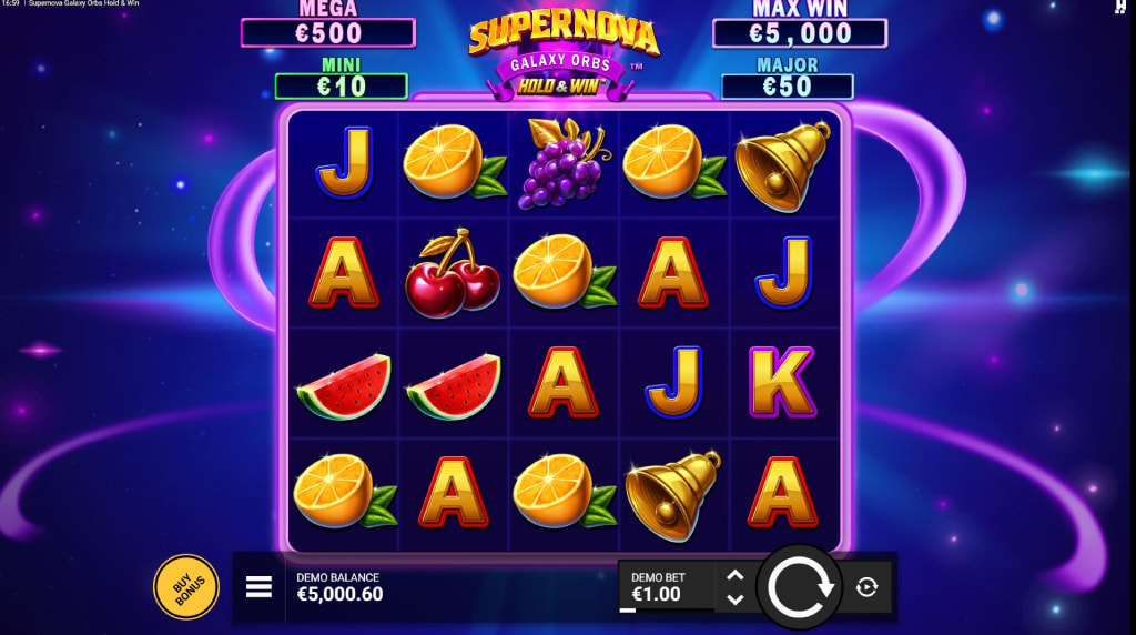 Screenshot van de nieuwe Supernova Galaxy Orbs slot van Hacksaw Gaming