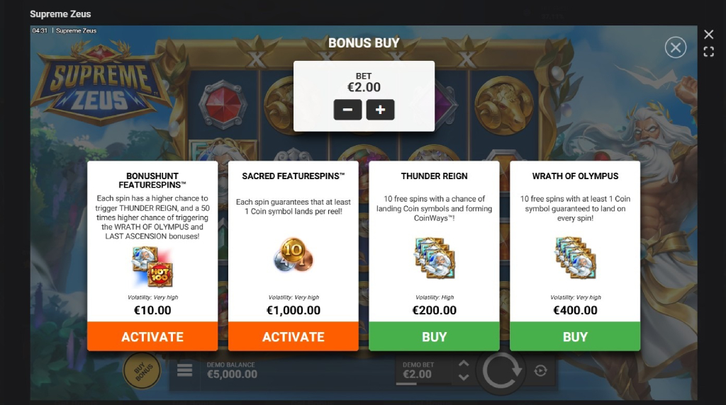 Screenshot cu funcția de cumpărare bonus a slotului Supreme Zeus
