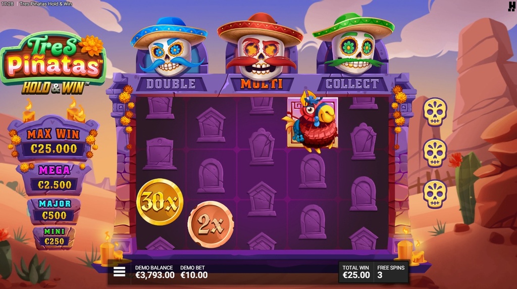 Screenshot fra den Nye Tres Pinatas Hold & Win Slot af Hacksaw Gaming