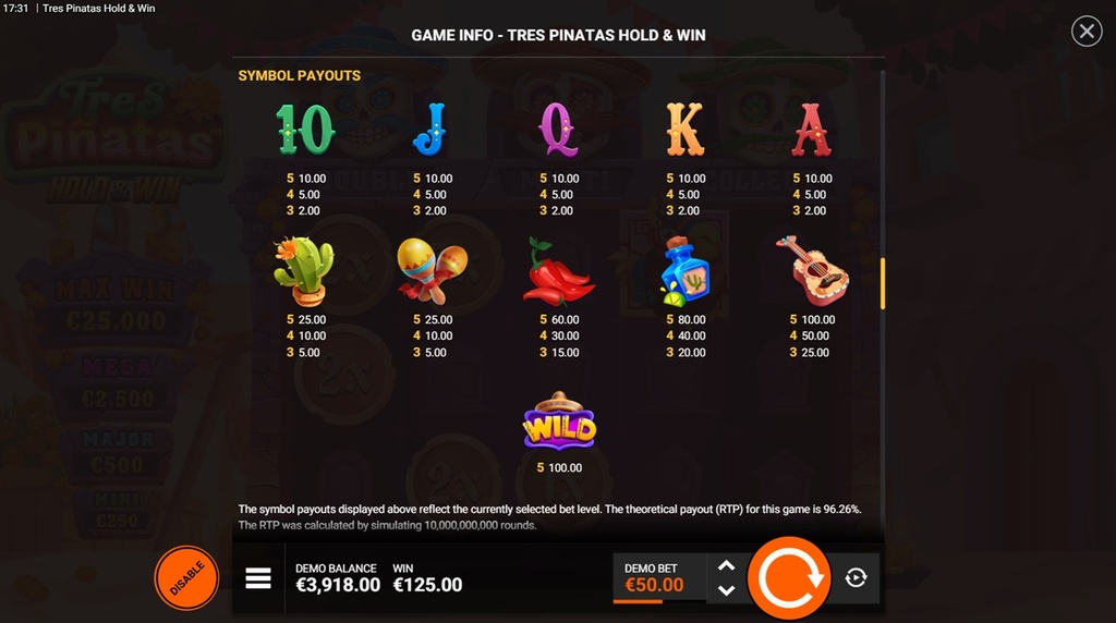Screenshot af udbetalingstabellen i Tres Pinatas Hold & Win