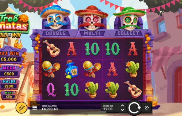 Screenshot van de nieuwe Tres Pinatas Hold & Win slot van Hacksaw Gaming
