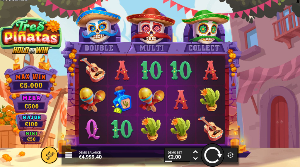 Screenshot van de nieuwe Tres Pinatas Hold & Win slot van Hacksaw Gaming