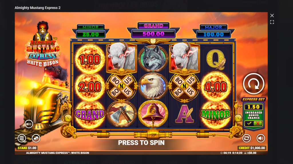 Screenshot cu noul slot Almighty Mustang Express 2 dezvoltat de Blueprint Gaming