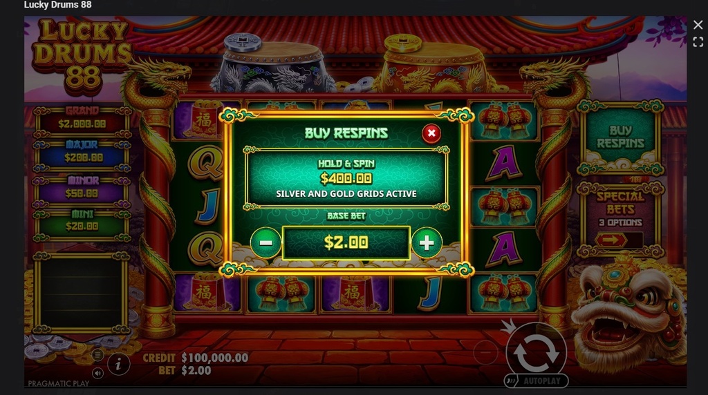 Screenshot cu funcția Biy Respin a slotului Lucky Drums 88