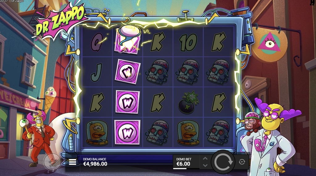 Screenshot fra den Nye Dr Zappo Slot af Hacksaw Gaming