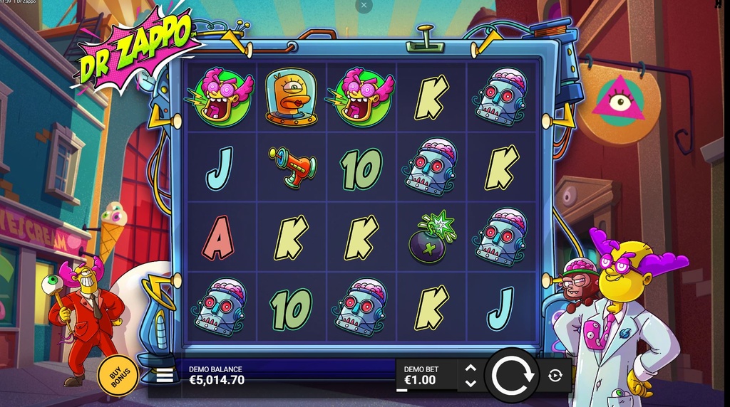 Screenshot van de nieuwe Dr Zappo slot van Hacksaw Gaming
