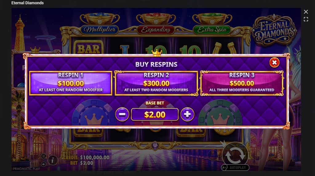 Screenshot cu funcția Buy Respin a slotului Eternal Diamonds