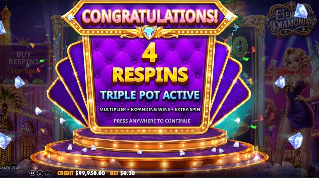 Screenshot della funzione Respin attivata su Eternal Diamonds