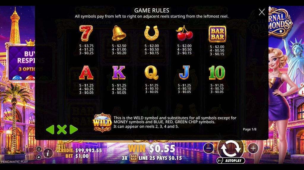 Screenshot from the Paytable of Eternal Diamonds