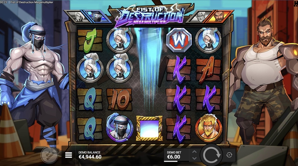 Screenshot fra den Nye Fist of Destruction Megamultiplier Slot af Hacksaw Gaming