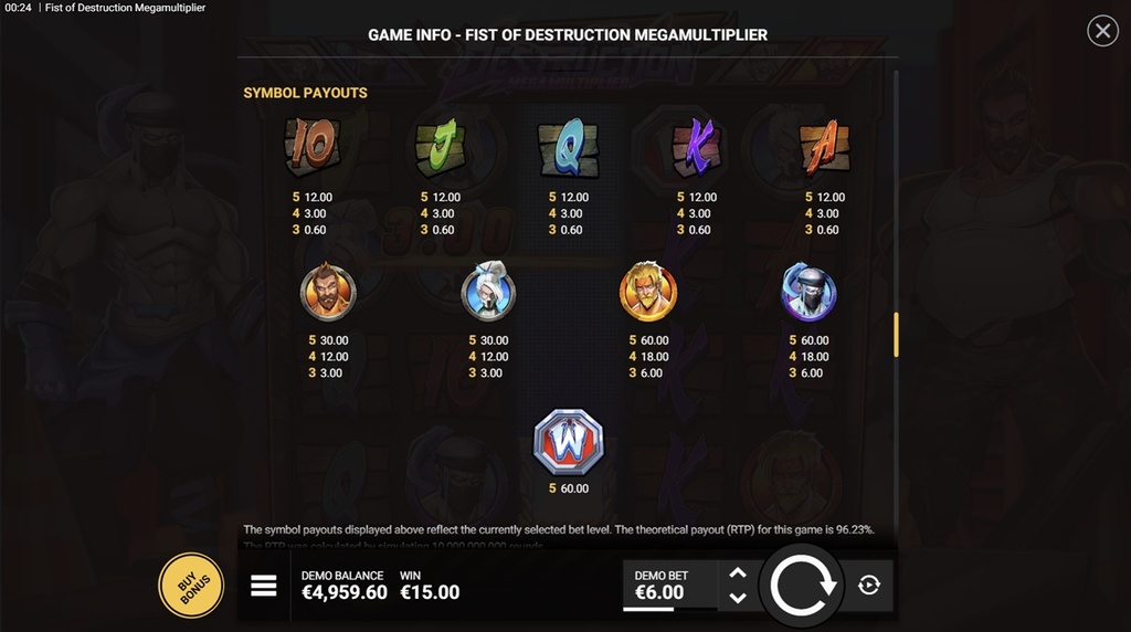 Screenshot af udbetalingstabellen i Fist of Destruction Megamultiplier