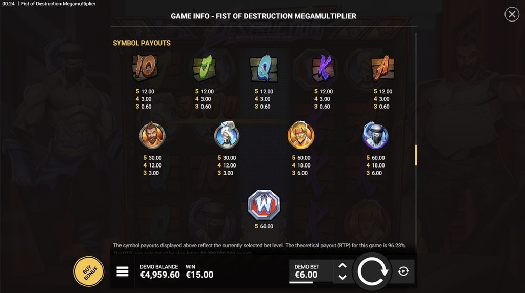 Screenshot af udbetalingstabellen i Fist of Destruction Megamultiplier