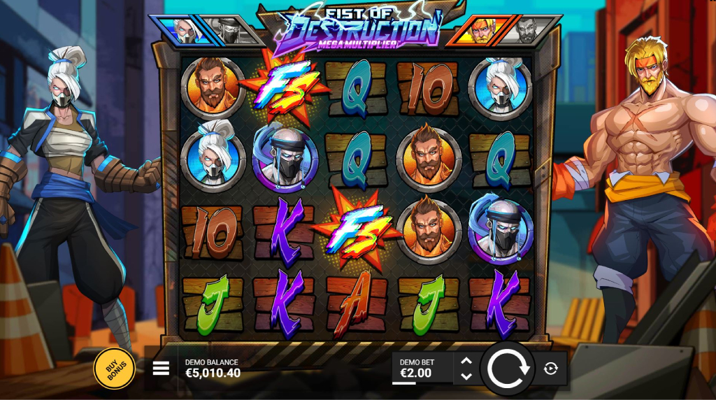 Screenshot van de nieuwe Fist of Destruction Megamultiplier slot van Hacksaw Gaming