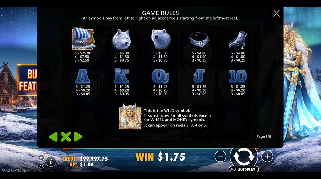 Screenshot from the Paytable of Freya 1000