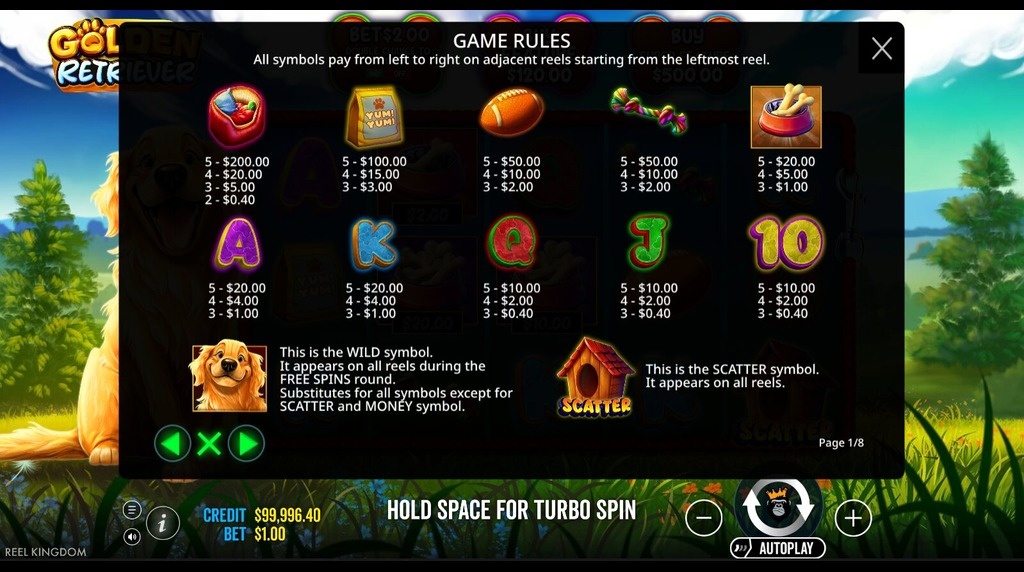 Screenshot from the Paytable of Golden Retriever