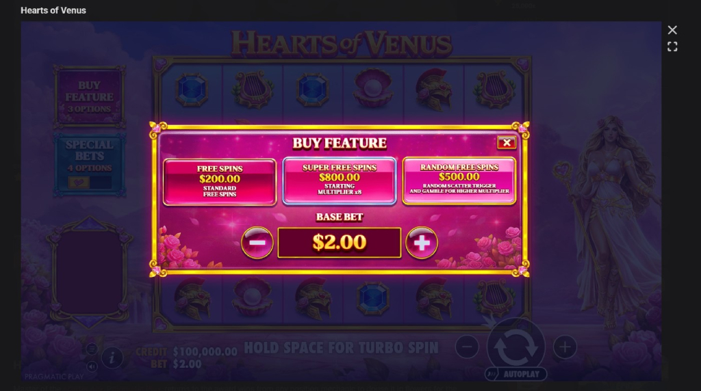 Screenshot cu funcția Bue Feature a slotului Hearts of Venus