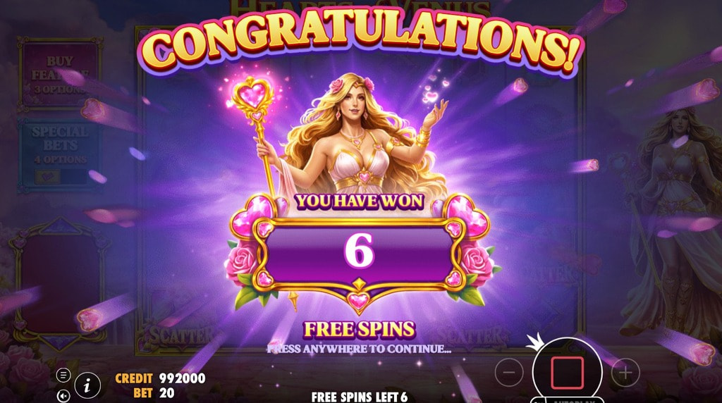 Screenshot della funzione free spins attivata su Hearts of Venus