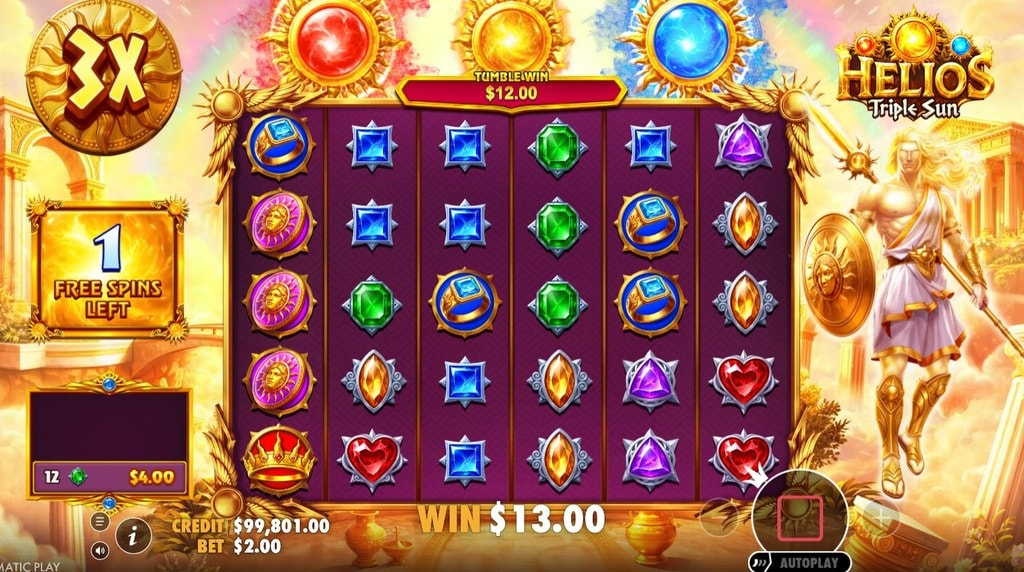 Screenshot from the free spins bonus game of Helios Triple Sun