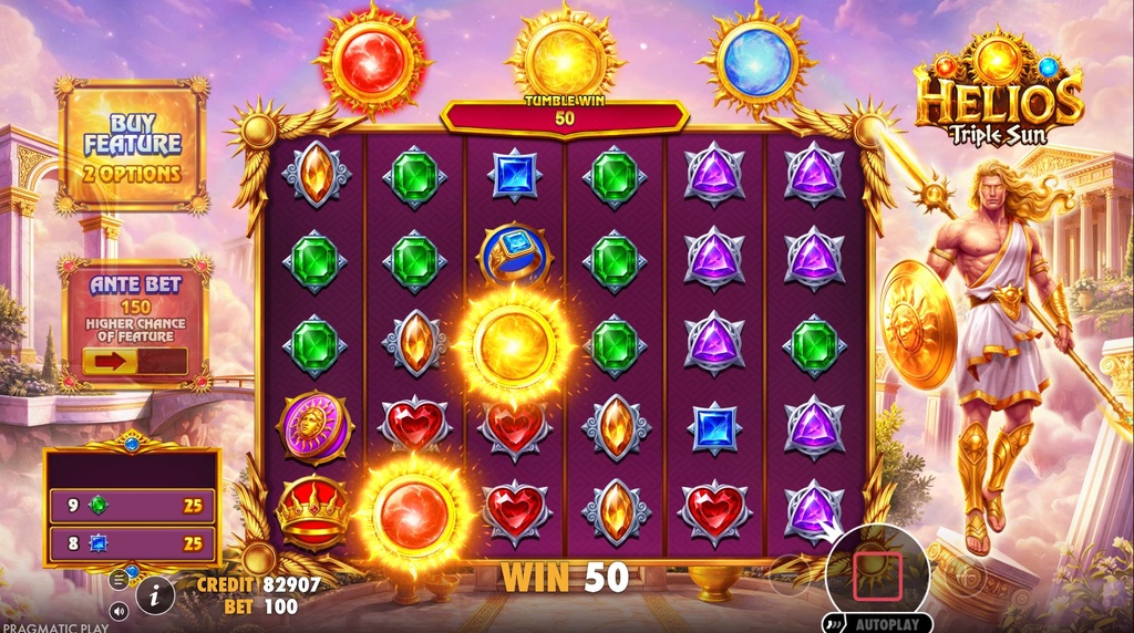 Screenshot van de nieuwe Helios Triple Sun slot van Pragmatic Play