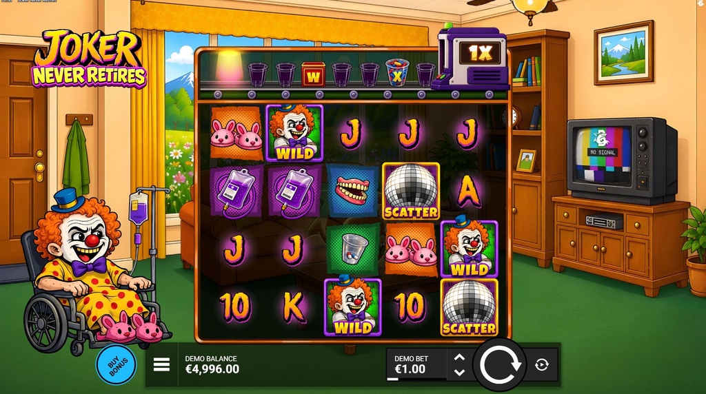 Screenshot van de nieuwe Joker Never Retires slot van Bullshark Games