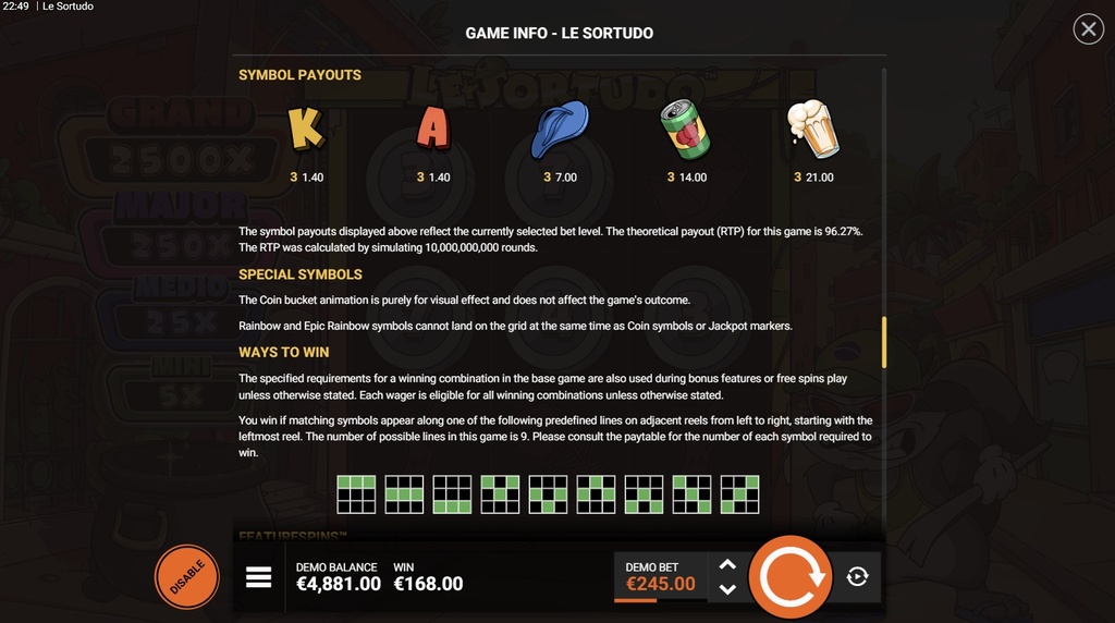 Screenshot af udbetalingstabellen i Le Sortudo