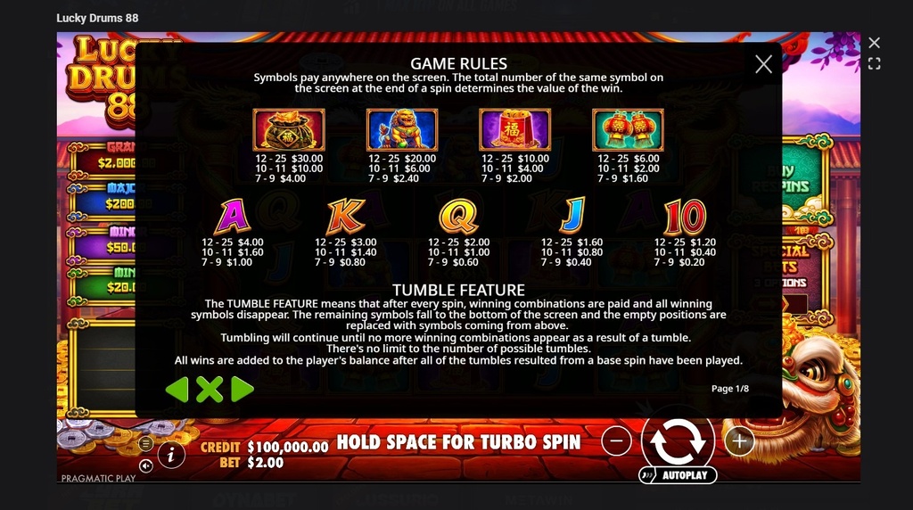 Screenshot cu tabelul de plată al slotului Lucky Drums 88