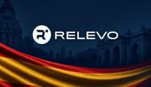The Logo of Relevo on a Dark Background with Red and Yellow Stripes