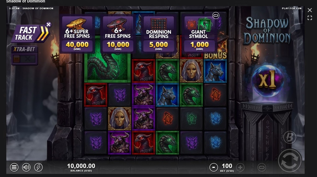 Screenshot cu funcția Fast Track a slotului Shadow of Dominion