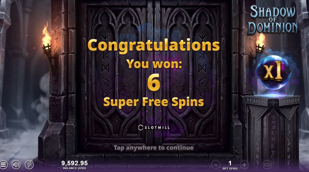 Screenshot della funzione Super Free Spins attivata su Shadow of Dominion
