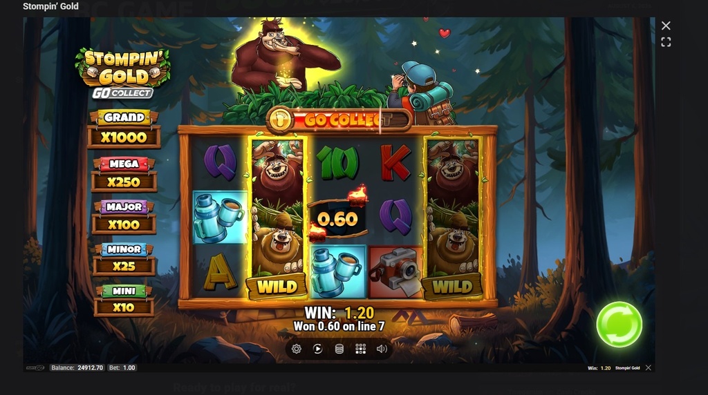 Screenshot cu s simboluri Wild extinse – joc de bază Stompin’ Gold