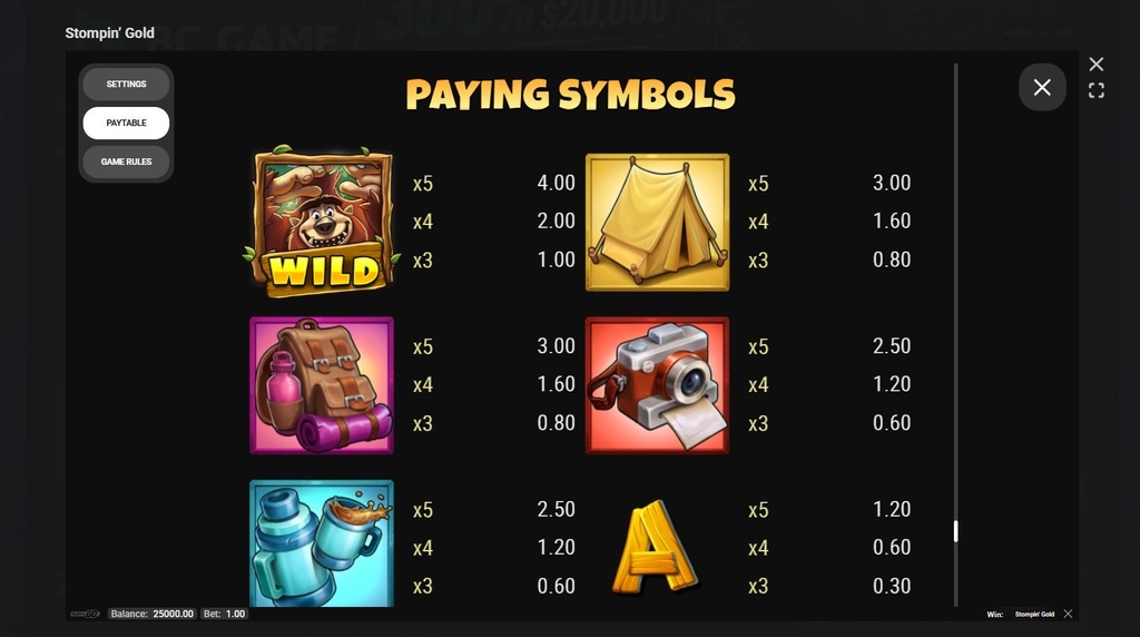 Screenshot cu tabelul de plată al slotului Stompin’ Gold