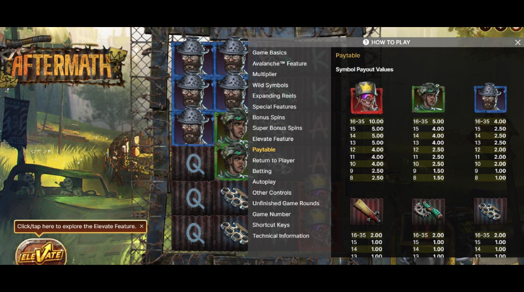 Screenshot van de uitbetalingstabel van Aftermath van NetEnt