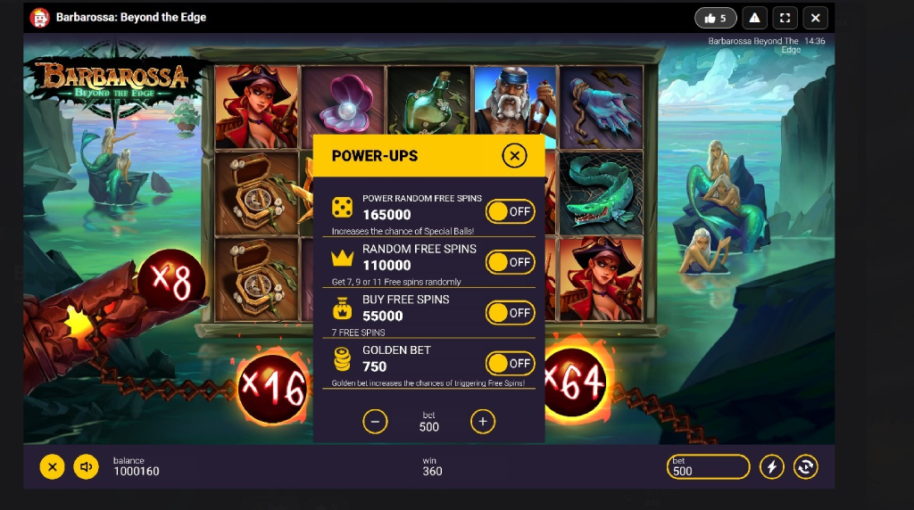 Screenshot cu funcția Power Ups a slotului Barbarosa: Beyond the Edge