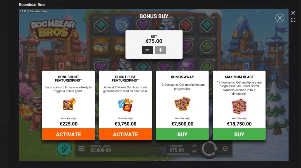 Screenshot cu funcția Bonus Buy a slotului Boombear Bros