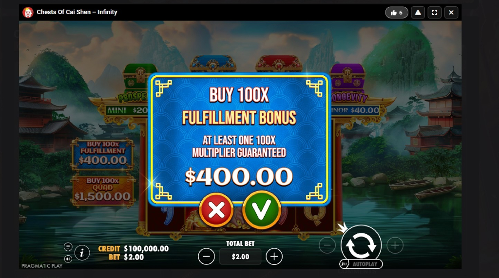 Screenshot cu funcția Buy Fulfillment bonus, slot Chests of Cai Shen