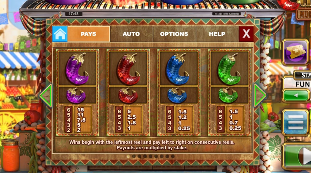 Screenshot van de uitbetalingstabel van Extra Chili More Chili van Big Time Gaming