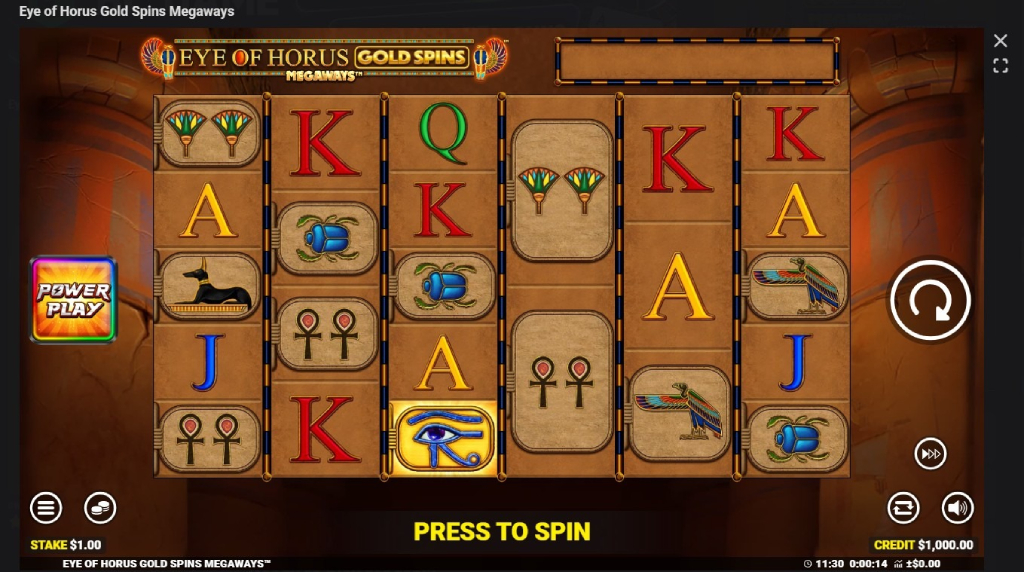 Screenshot cu noul slot Eye of Horus Gold Spins Megaways dezvoltat de Blueprint