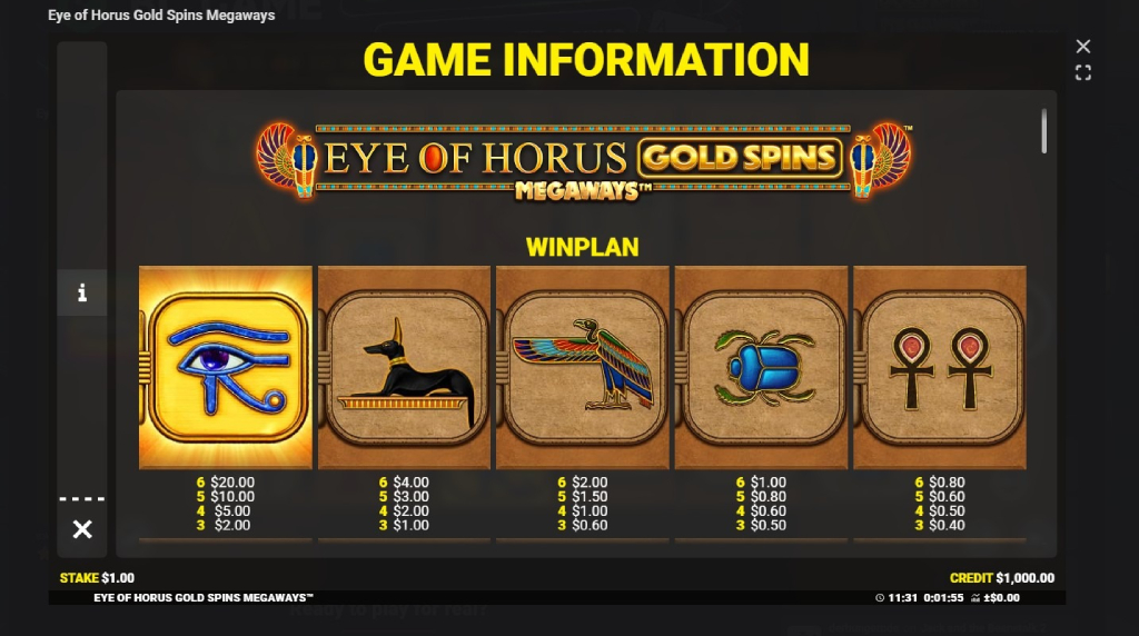 Screenshot cu tabelul de plată al slotului Eye of Horus Gold Spins Megaways