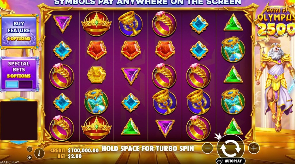Screenshot della nuova slot Gates of Olympus 2500 di Pragmatic Play